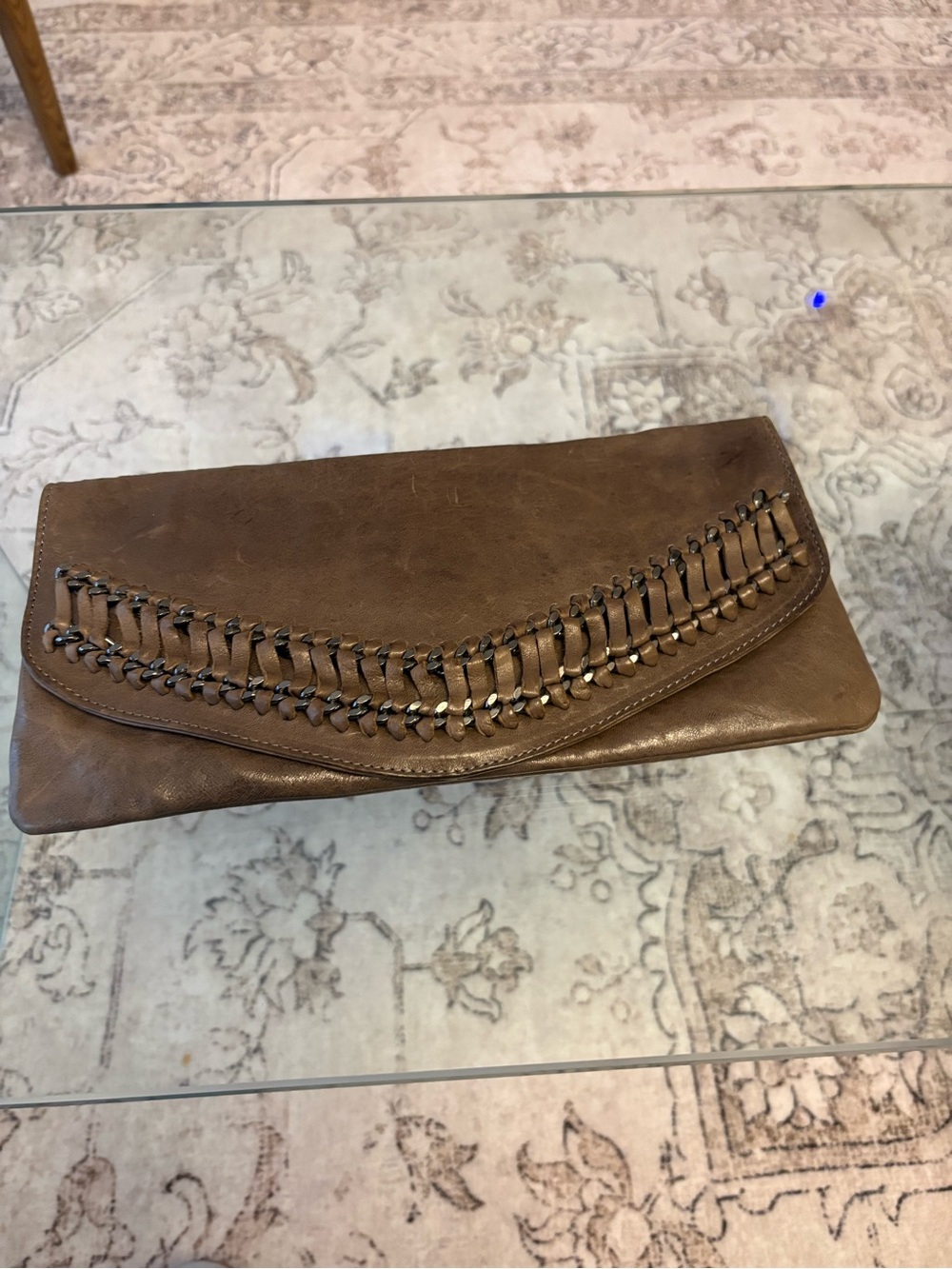 Treesje Woven Detail Leather Clutch | Soft Distressed Leather | brown-grey/steel